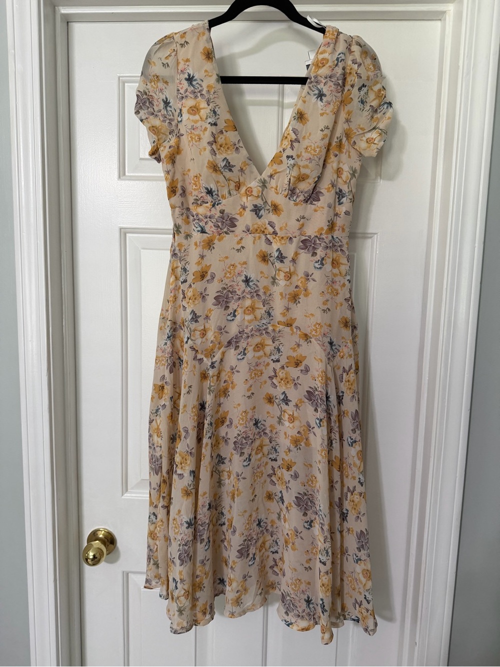 Hello Molly Cream and Yellow Floral V-Neck Midi Dress